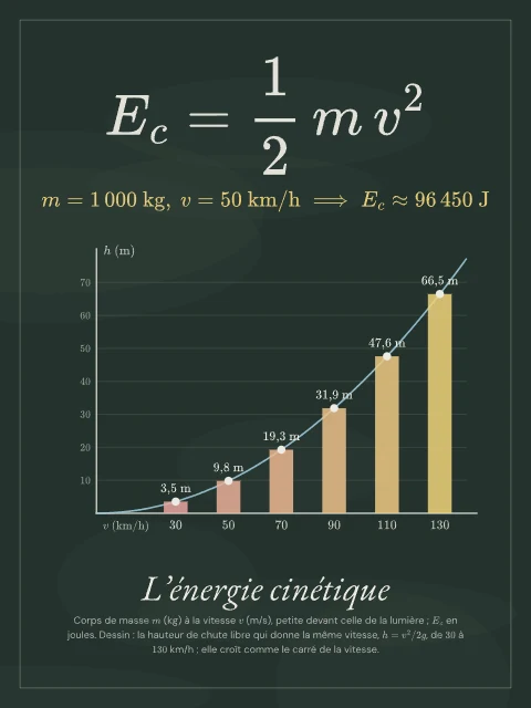 L’énergie cinétique · Tableau noir, affiche énergie cinétique