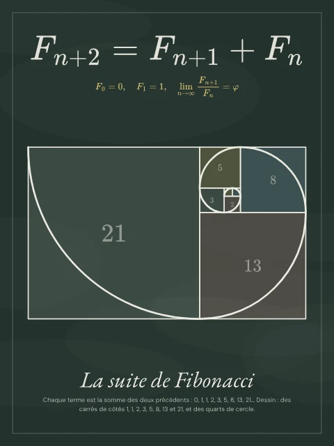 La suite de Fibonacci · Tableau noir, affiche suite de Fibonacci