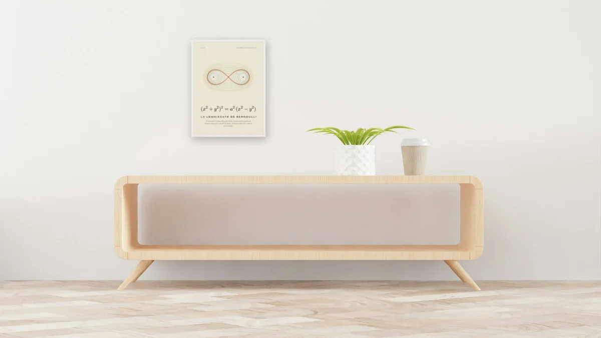 La lemniscate de Bernoulli · Papier : affiche encadrée blanc au-dessus d'une console de 160 cm