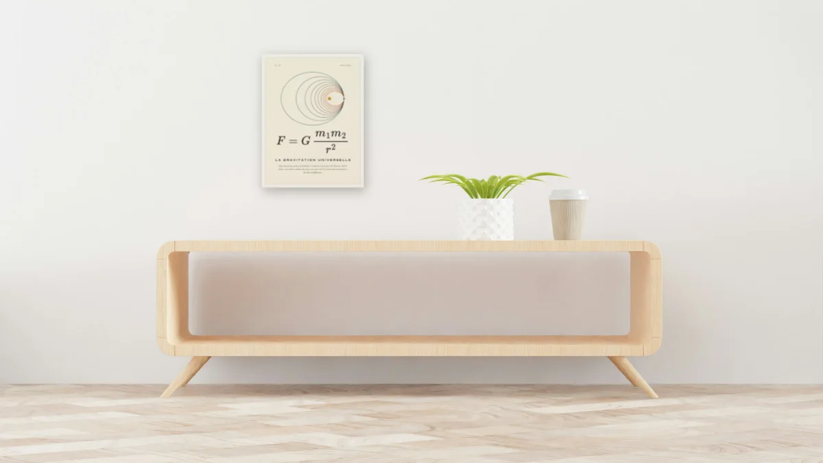 La gravitation universelle · Papier : affiche encadrée blanc au-dessus d'une console de 160 cm
