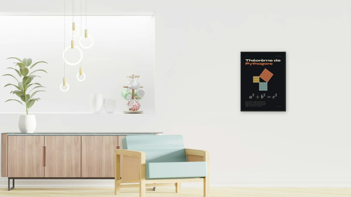 Théorème de Pythagore · Nuit : affiche encadrée noir dans un salon clair