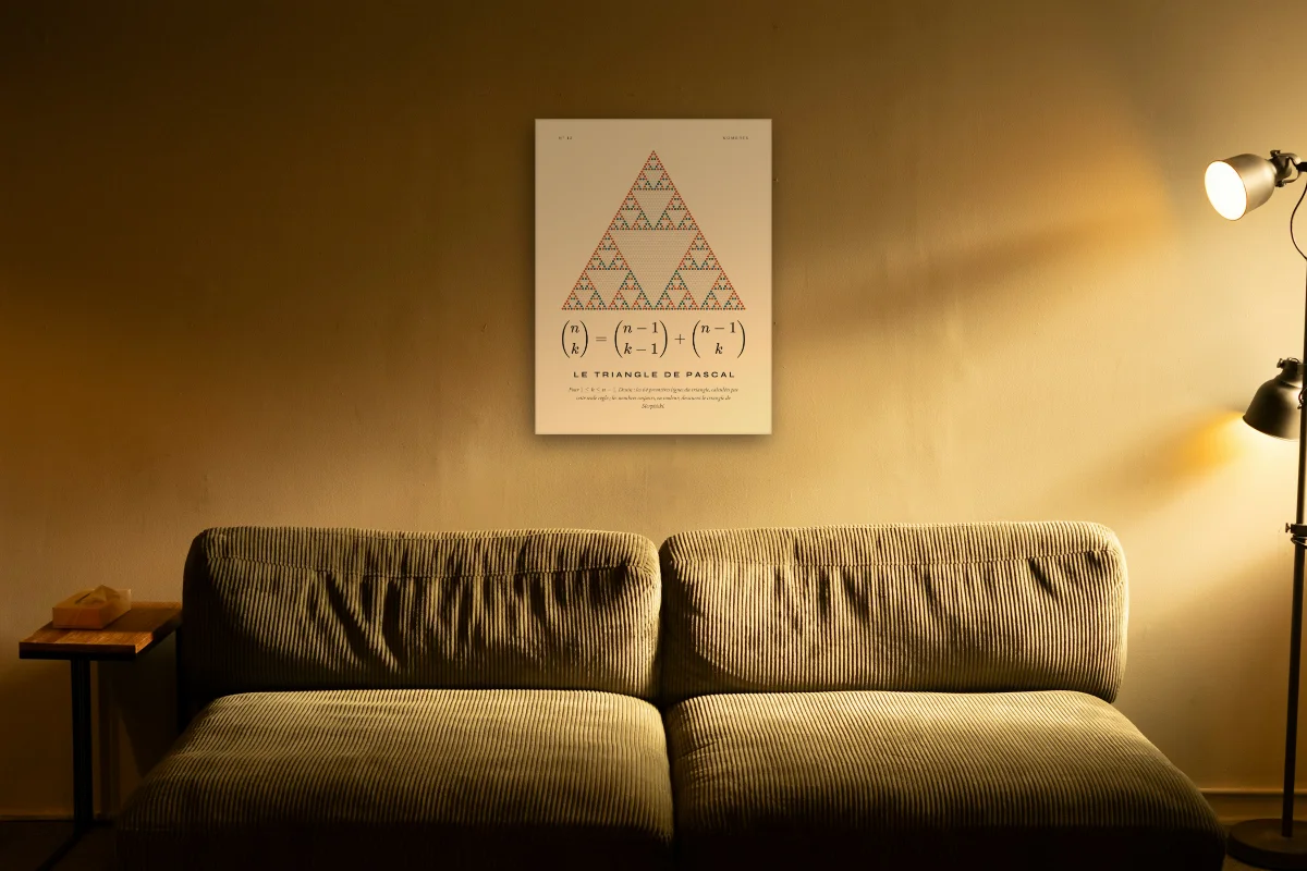 Le triangle de Pascal · Papier : toile sur châssis au-dessus d'un canapé de 210 cm